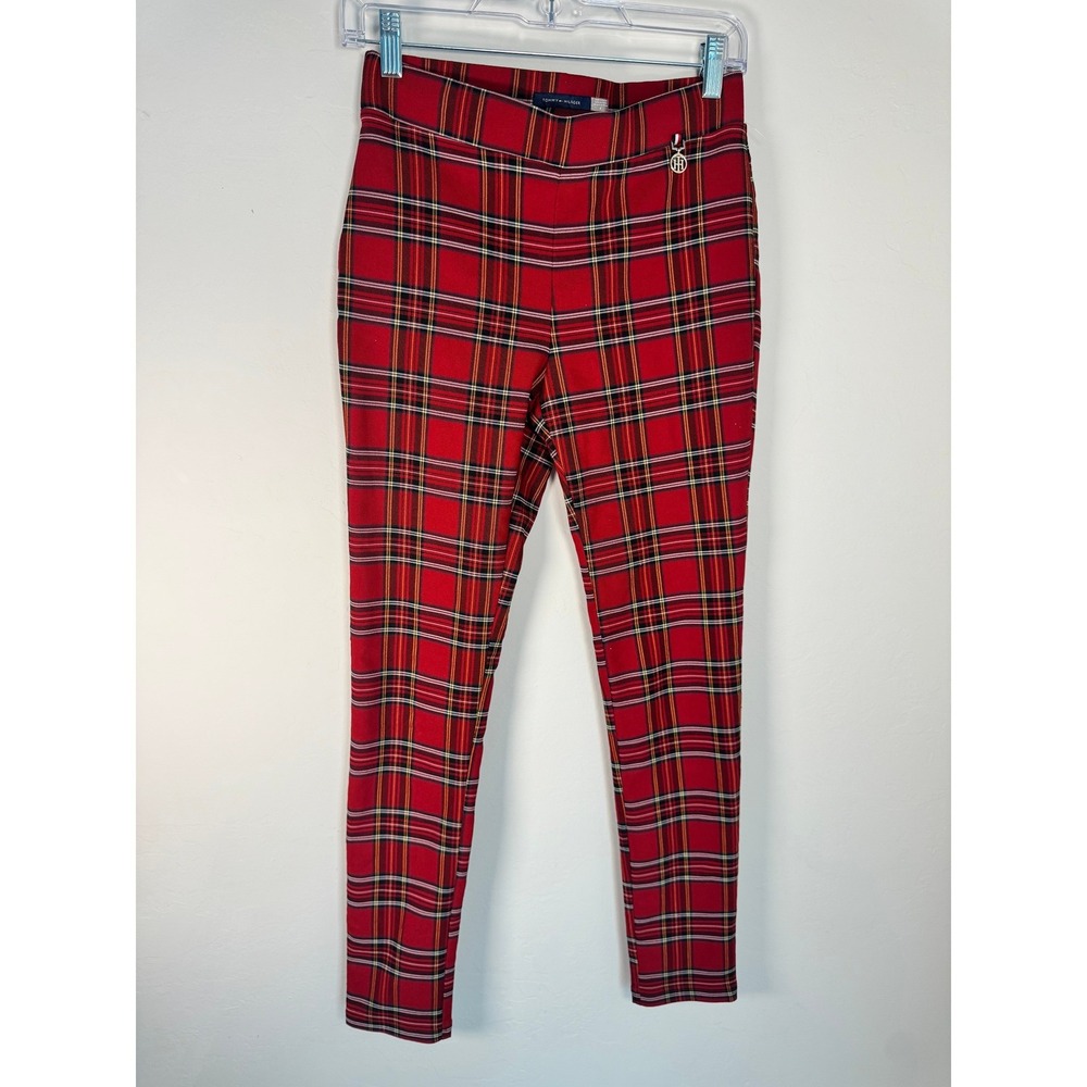 Tommy Hilfiger Women Red Plaid Skinny Pants Size 4 Leggings Style